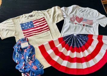 T-shirt size small and medium, scare and patriotic bunting decorations all for $3