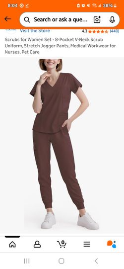Eadflie Scrubs for Women Set -V-Neck Stretch Jogger Pants (Brown/XS)