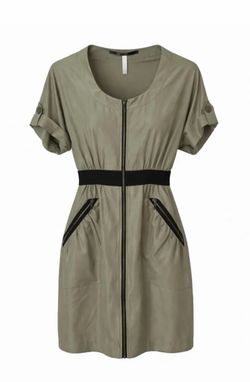 Kensie Olive Green Zip Front Utility Dress Elastic Waist Pockets