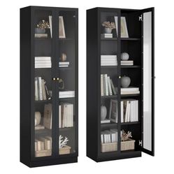 Black Bookshelf with Doors and Adjustable Shelves, 5-Tier Tall Bookcase, 70.5" 23.5”15.75”