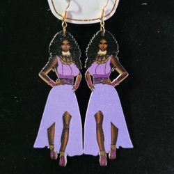 Women African Ebony Model Dangle Pierced Earrings Purple Dress