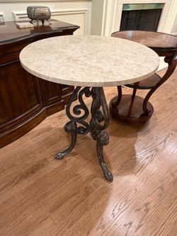 Vintage Marble Round Side Table w/Iron Base Iron is a little scuffed at legs 24” round x 28.5”h Smoke and pet free