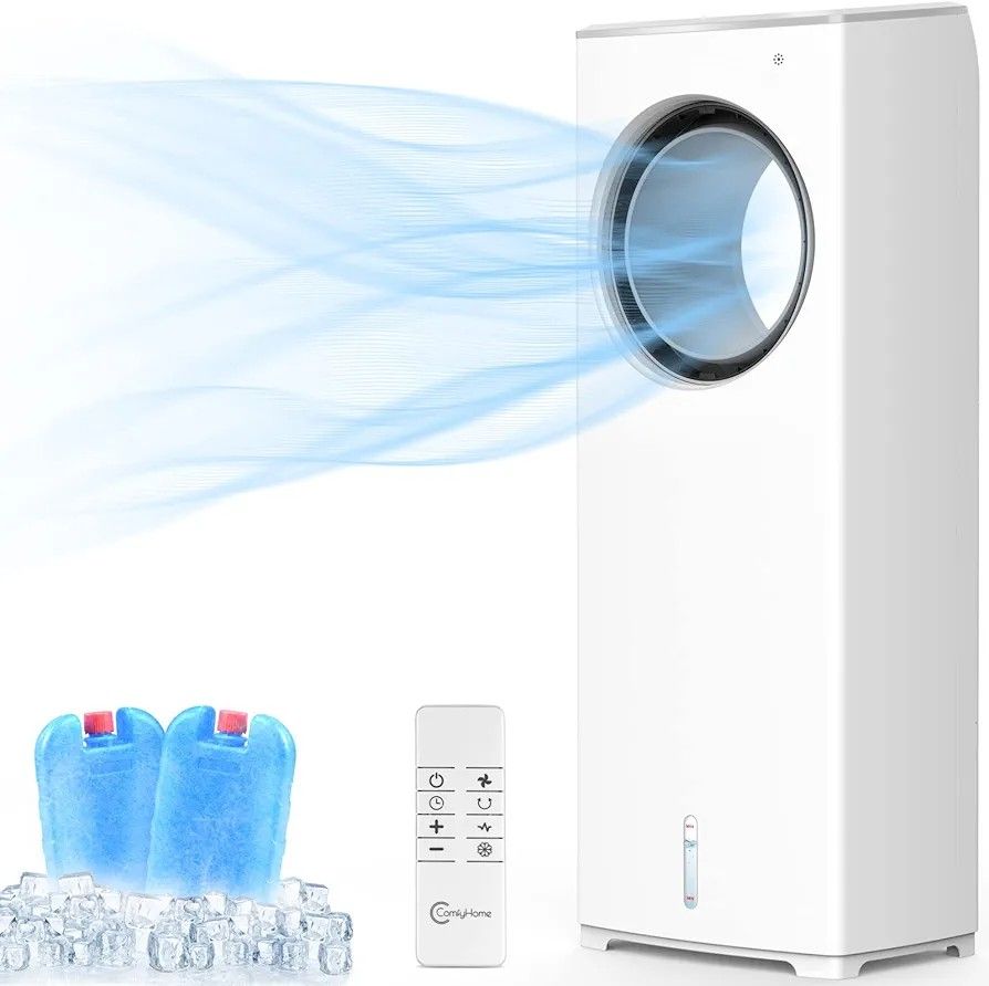 Bladeless Evaporative Cooler, 3-IN-1 Windowless Portable Air Conditioner, 20ft Remote, 3 Wind Speeds Tower Fan & 8H Timer, 40°Oscillation, 32-INCH Eva