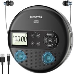 MEGATEK CP27BR Portable CD Player Bluetooth For Car With FM Transmitter, USB, AUX, LCD Display, Anti-Skip, Stereo Speakers, Headphones & Rechargeable 