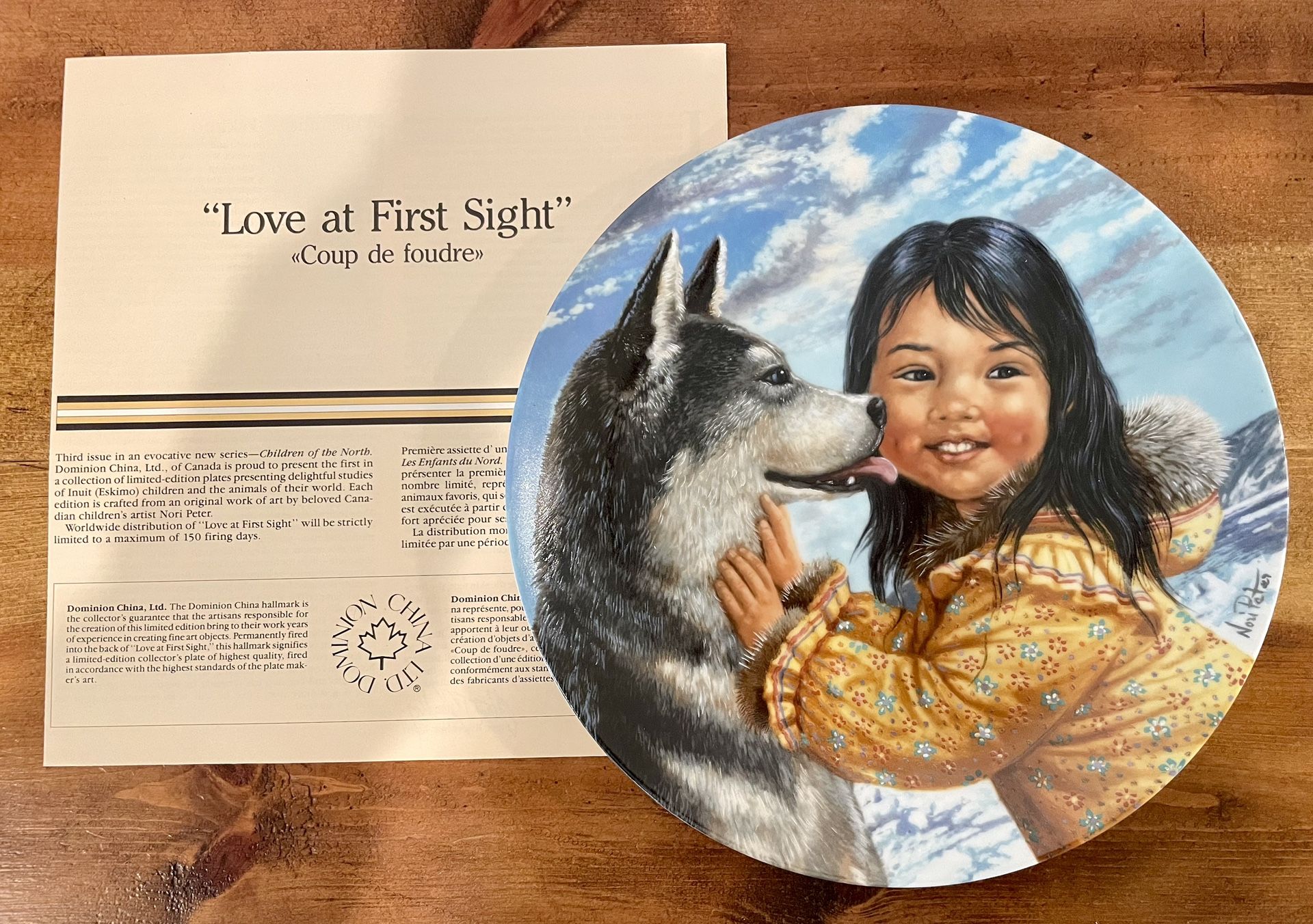“Love at First Sight ” Collector’s Plate by Nori Peter “Children of the North Collection” 1990 Dominion China LTD. “New in box”