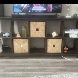 Dark Brown Cube Bookshelf / TV Stand + 2 Seagrass Baskets