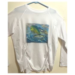 White V-Neck Long Sleeve Shirt With Custom Graphic Mahi-Mahi Tuna 