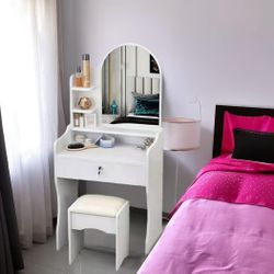 Bedroom Vanity Dressing Table with Mirror, Simple Dresser Table and Bedside Table Integrated vanities Desk Storage Cabinet with Drawers with Multi-Lay
