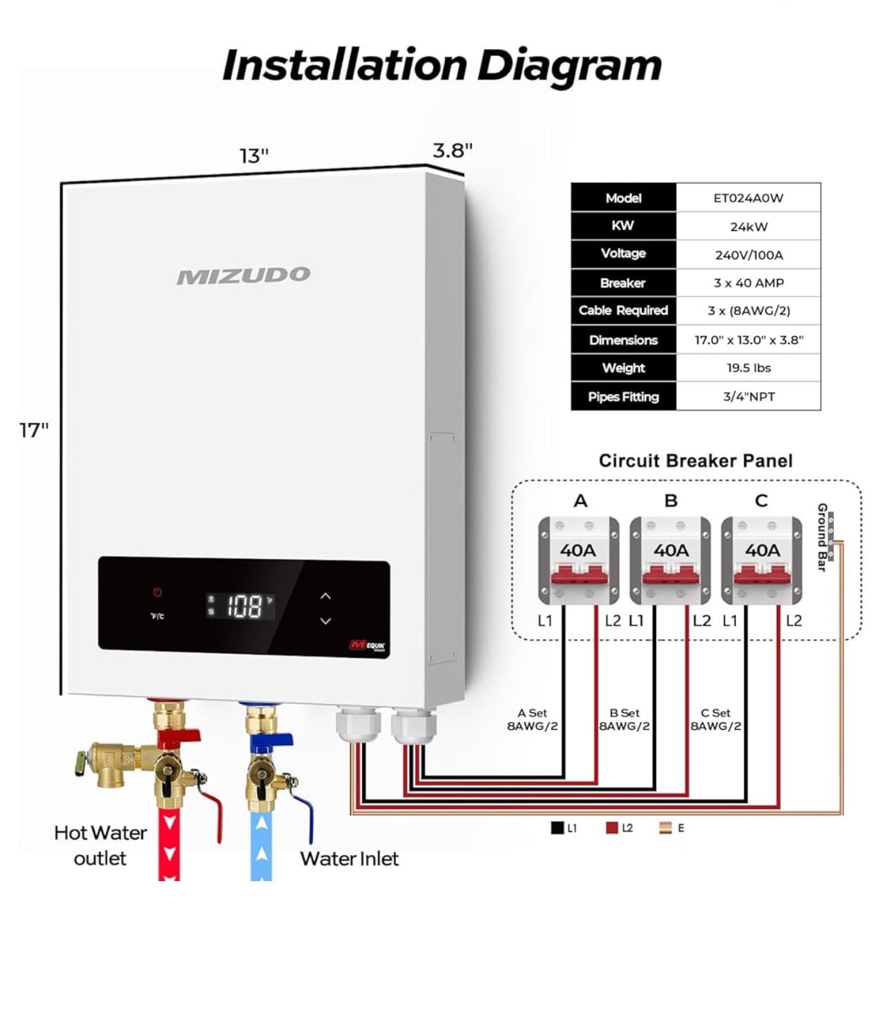 Calentador de agua eléctrico sin tanque, calentador de agua caliente instantáneo de 24 kW, hasta 5.55 GPM, calentador de agua de 3-4 puntos de uso, co