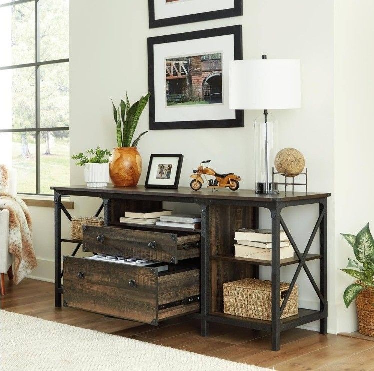 SAUDER Steel River Carbon Oak Accent Cabinet with Hanging File Drawer