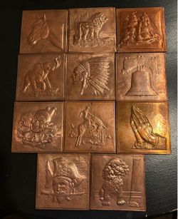 Set of 11 Copper Embossed Relief Tiles