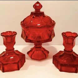Vintage Rare FOSTORIA Ruby Red Lancaster Colony Coin Pedestrian Lidded Dish 8” & Pair of Candle Holders