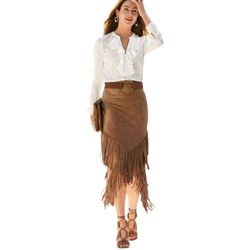 Women's Chico's Women's Small Midi Skirt Faux Suede Vegan Brown Fringe Hippie Boho Vibe Tribe Skirt