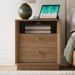 2 Walnut Mid Century Modern Nightstands with Charging Station, for Bedroom Living Room Office
