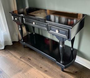 Beautiful black wooden console w// sofa table table marble top insert, 3  drawers lower storage shelf. Measurement: 60 L x 21 1/2 w x37 1/2H.