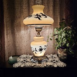 Vintage( From The 1940's) Carnival Glass Electric Table Lamp 3-D Floral and Milk Glass Shades

