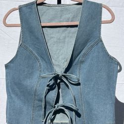  Women's Tie Bow Front Deep V Neck Denim Vest Sleeveless Jean Jacket