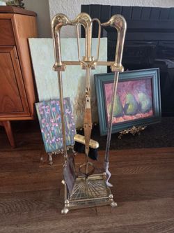 Vintage Large Brass Duck Head Fireplace Tool Set