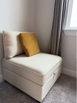 Modern Beige Storage Armchair / Ottoman Seat with Mustard Pillow