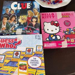 Clue Guess who hello kitty Junior scrabble board game $10 for all HANFORD PICK UP