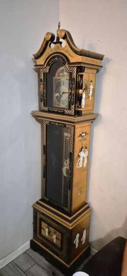 Vintage Asian Style Gold & Black Lacquer Grandfather Clock - Mother of Pearl Inlay, German Movement.