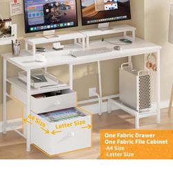 47" Computer Desk with File Cabinet and Power Outlets, Home Office Desk with 2 Monitor Stands and Storage Drawer, Writing Gaming Table with Shelves an