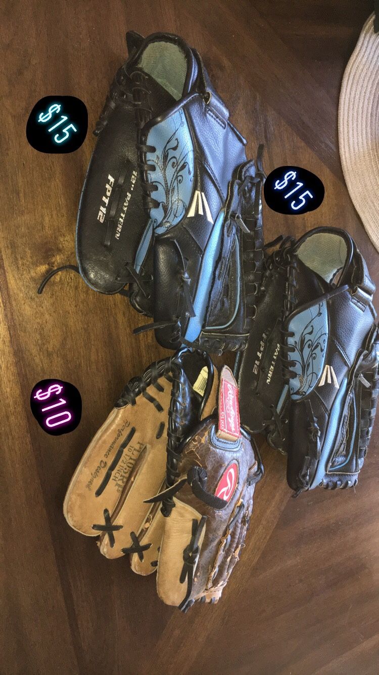 1 Softball glove for $15 and a Tball glove for $10