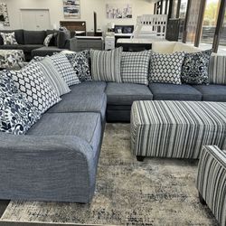 Blue L Shaped Denim Look Sectional With 10 Toss Cushions, Ottoman, And Chair On Promotion, Perfect For Living Room And Family Room