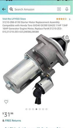 Starter Honda Assembly Compatible with Toro GX340 GX(contact info removed)0-ZB8-0130 Starter Motor Replacement
