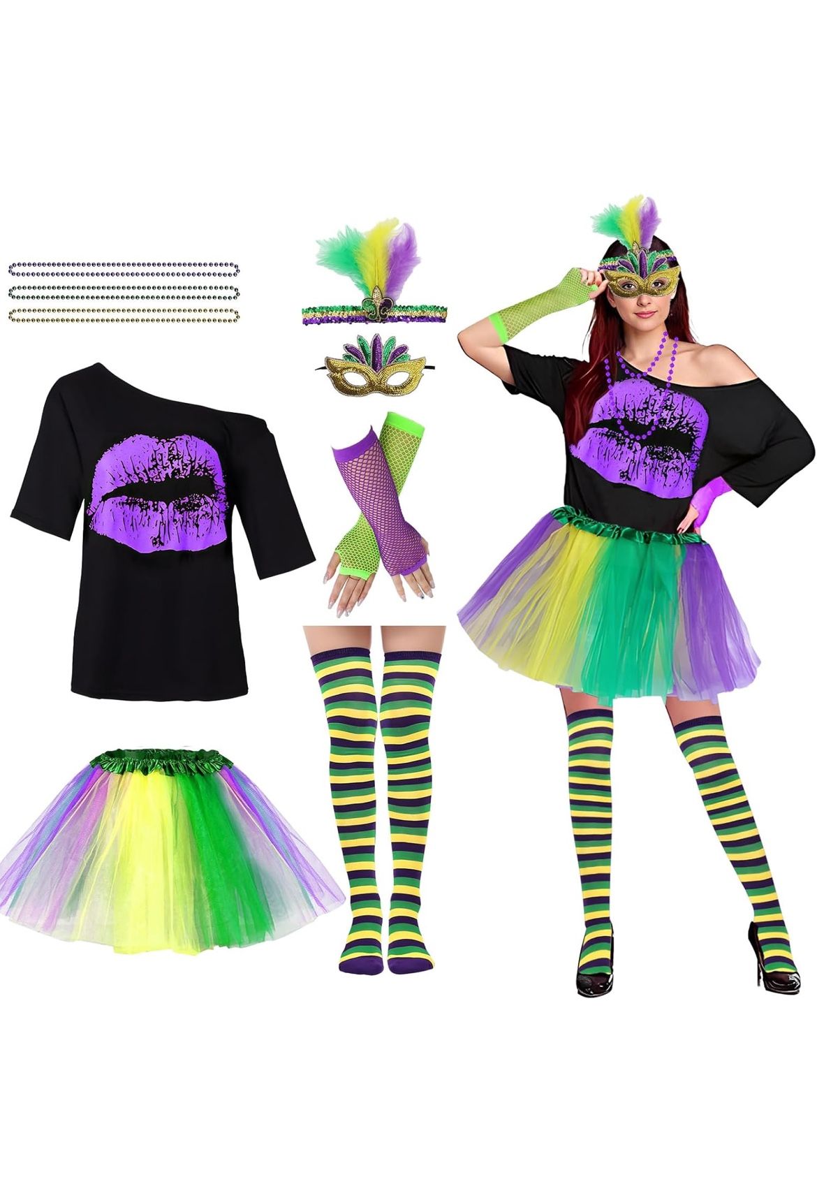 7 Pcs 80s Mardi Gras Costume Accessories Set Tutu Skirt, Adult Medium *BRAND NEW