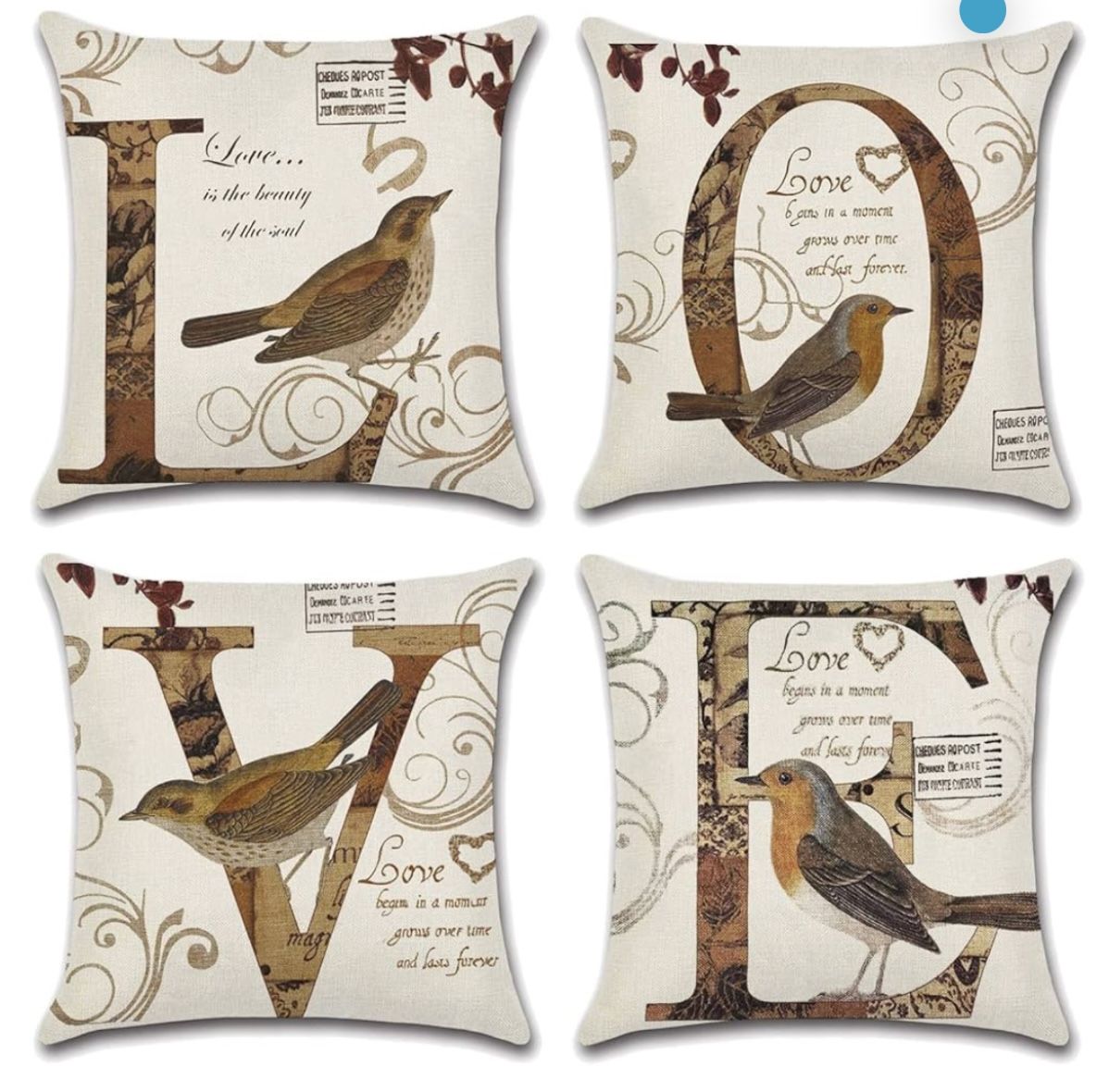 Bird Design Sofa Chair Pillowcases Spelling LOVE with Verse Set of 4.