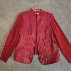 Peter Nygard Women's Red Leather Knit Full Zip Jacket