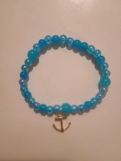 Blue Beaded Bracelet with Gold Anchor Charm
