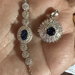 Saphire Jewellery Set Sterling Silver Stamped 