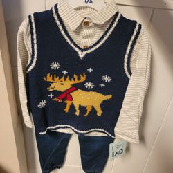 LAD 3 Piece Set Boys Sweater Vest Long Sleeve Shirt Pants- 24 month's- NEW