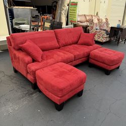 Macy’s Red Faux Suede Sofa and 2 Ottoman Very Clean and Excellent Condition 