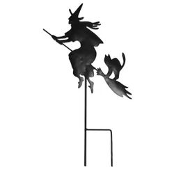 Halloween Metal Witch Silhouette on Broom w/Cat Outdoor Yard Stake, 19"
