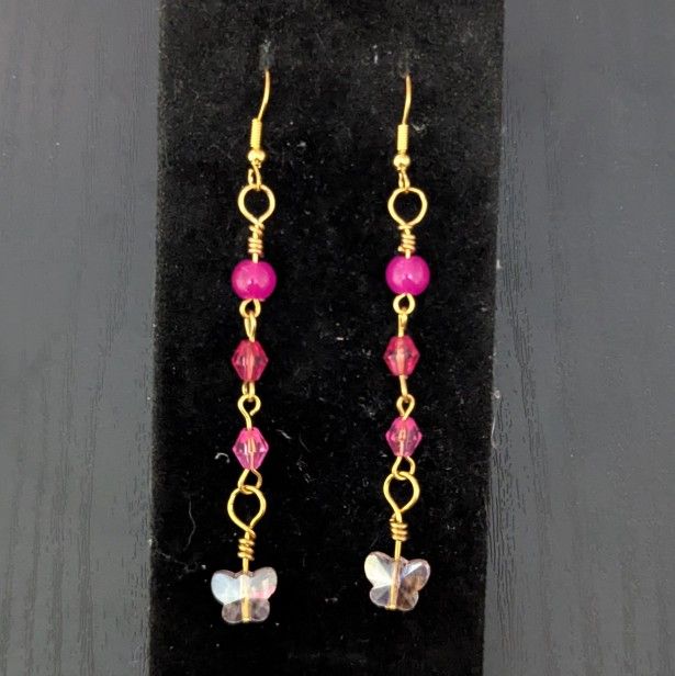 Cute Pink Butterfly Sparkly Dangle Earrings – Handmade with Glass Beads