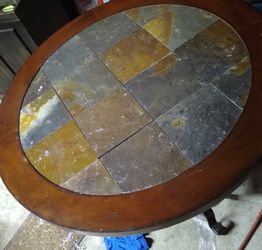 Wood stone glass top round dining room table four chairs