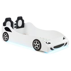 Wood Twin LED Race Car Bed White 