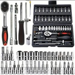 46pcs Car Repair Tool Kit: Ratchet Torque Wrench, Spanner, Screwdriver, Socket Set Combo - Perfect For Bicycle & Auto Repairing!