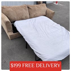 Tan pull out bed Couch sectional couch sofa (FREE CURBSIDE DELIVERY)