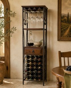 Tuscan-Style Wrought Iron Wine Tower – Holds 28 Bottles & Hanging Stemware FREE DELIVERY