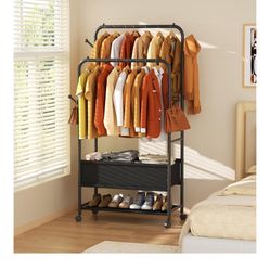 Clothing Racks for Hanging Clothes, Portable Rolling Garment Rack, Sturdy Metal Freestanding Clothes Rack with Wheels, Double Rods Wardrobe Racks for 