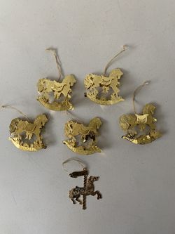 Gold Tone Tin Metal Christmas Ornament Baby Carriage Horse Buggy Vintage