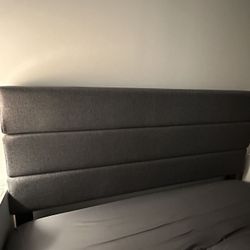 Queen Bed Frame Platform Bed with Linen Fabric Upholstered Headboard and Wooden Slats Support