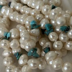 74” Genuine Pearl and Turquoise Necklace