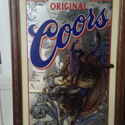 COORS BEER BULL MIRROR W/WOOD FRAME 