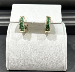Gold Emerald and Diamond Huggies Earrings