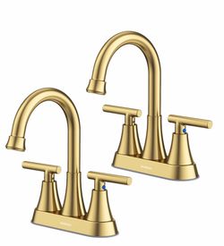 Bathroom Faucets For Sink 3 Hole, H 4 Inch Brushed Gold Bathroom Sink Faucet With Pop-Up Drain And Supply Hoses, Stainless Steel Lead-Free Centerset F